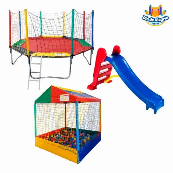 Combo 03 - Cama Elástica Média + Piscina de Bolinha Casinha + Escorregador Infantil - Dia de Alegria Festas - Aluguel de Brinquedos