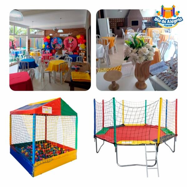 Combo 14 - Espaço para Festas + Cama Elástica Média + Piscina de Bolinhas Casinha - Dia de Alegria Festas - Aluguel de Brinquedos