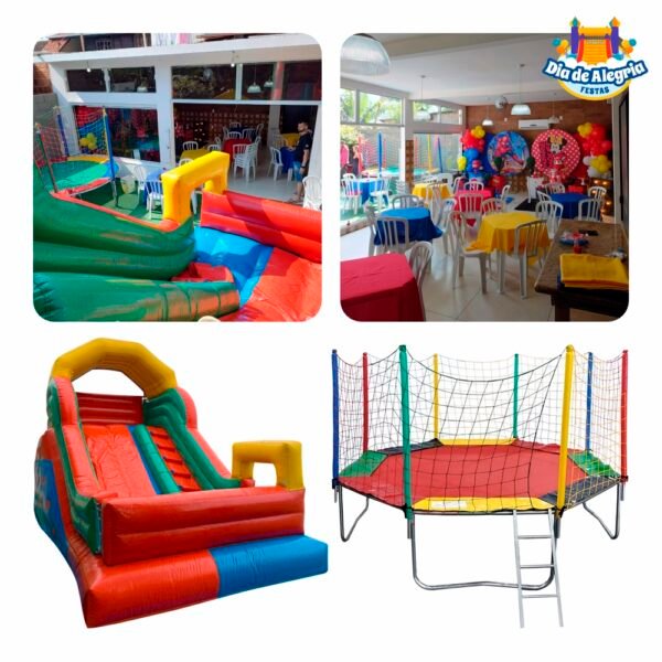 Combo 15 - Espaço para Festas + Tobogã Médio Inflável com Portinha + Cama Elástica Média - Dia de Alegria Festas - Aluguel de Brinquedos