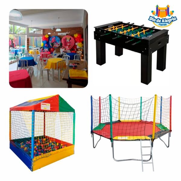 Combo 16 - Espaço para Festas + Pebolim + Cama Elástica Média + Piscina de Bolinhas Casinha - Dia de Alegria Festas - Aluguel de Brinquedos